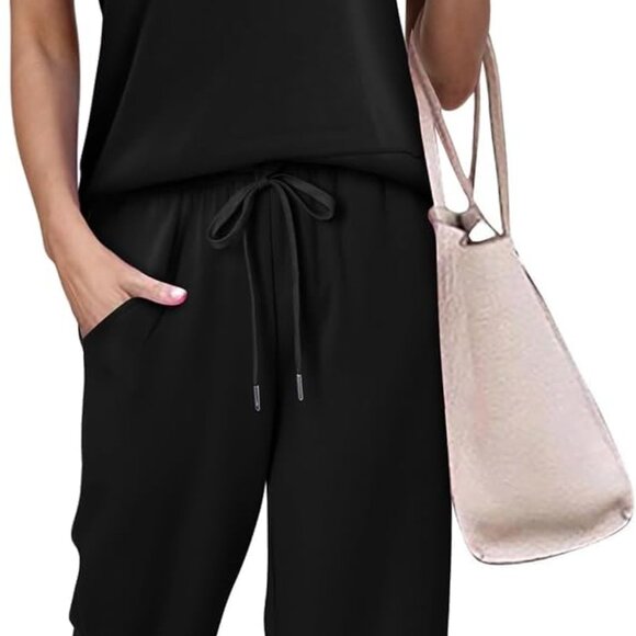 Women's Black Two Piece Summer Set with Wide Leg Crop Pants & Mock Neck Top - Picture 1 of 4